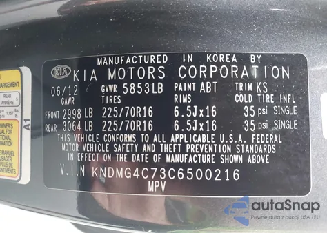 2012 Kia Sedona Lx z USA, uszkodzony, nr VIN KNDMG4C73C6500216